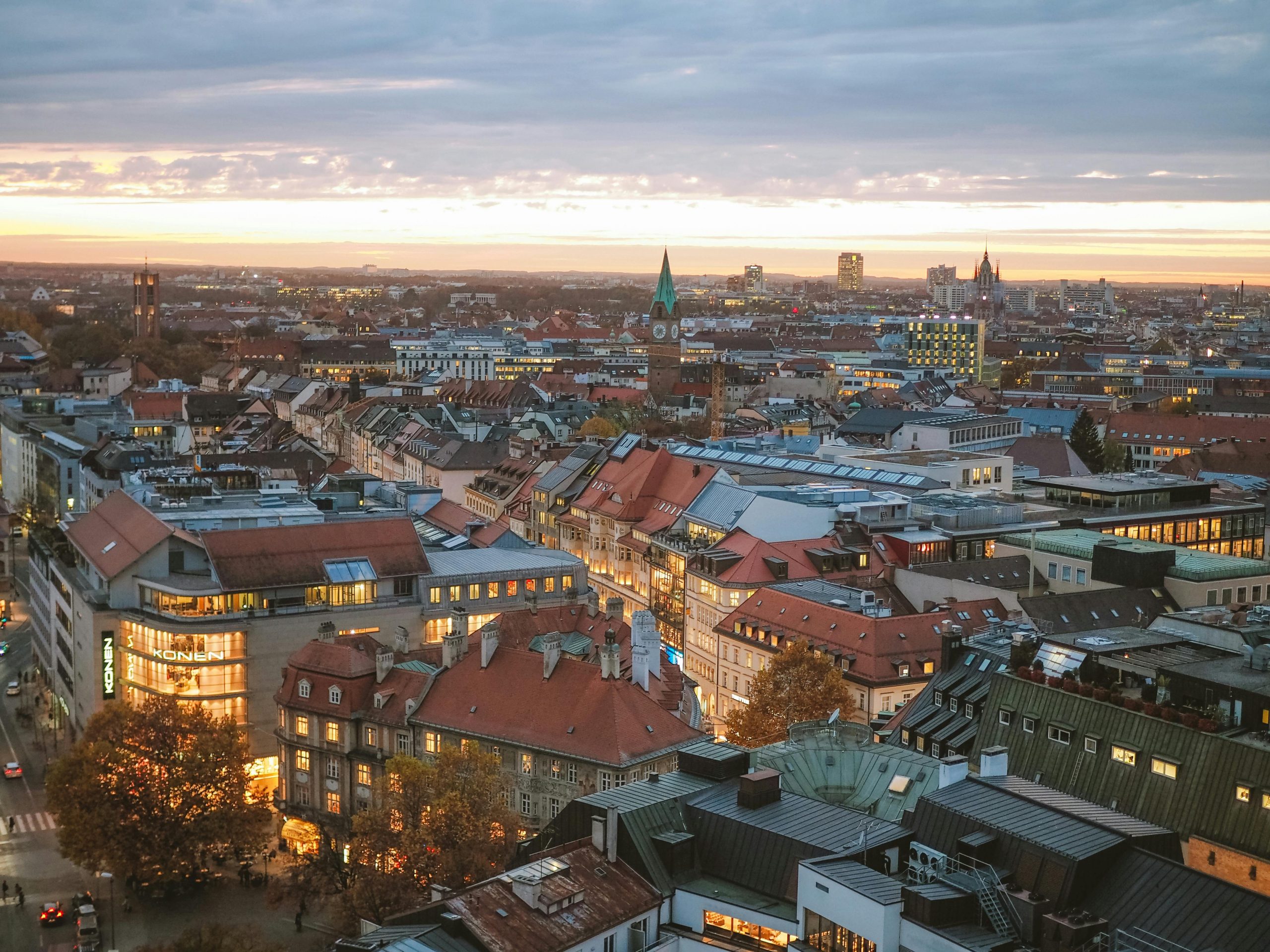 Aerial view of city buildings in Munich, Germany.