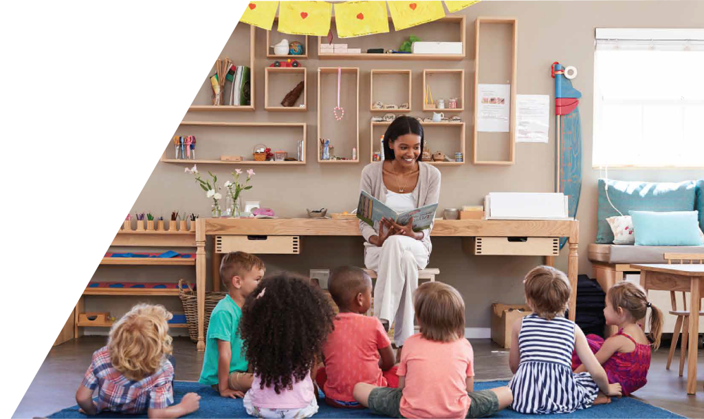 Children sitting listening to a book read by a teacher certified in Orton-Gillingham.